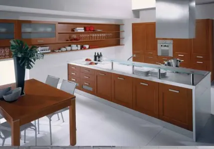 Proiect de bucătărie contemporană cu zonă de dining conectată