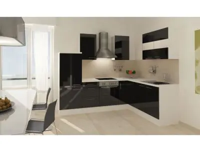Proiect de mobilier de bucătărie cu laturi egale și colț liber pentru lucru